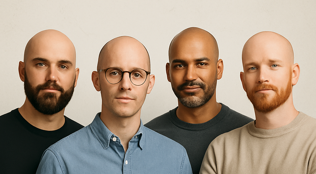 Four bald men standing together with a text overlay 'The Bald Guys: A Founder's Story' on a beige background.